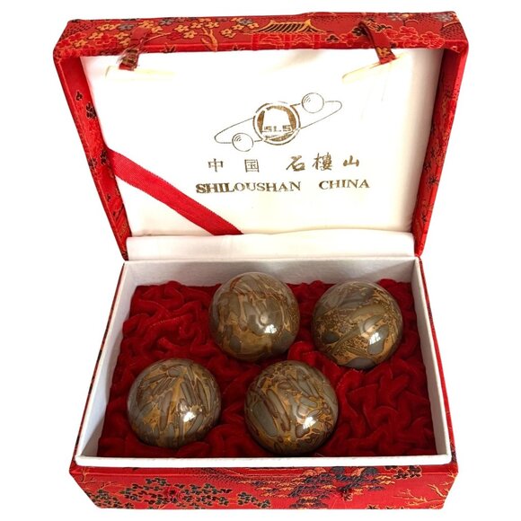 Shiloushan Baoding Balls 4 Piece Marble Stone Chinese Health Embroidered Red Box - Picture 3 of 11